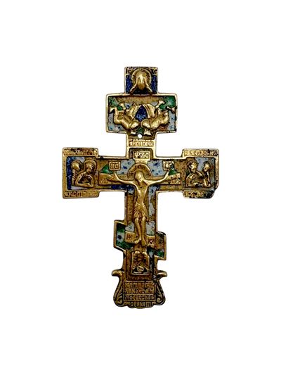 Croce pettorale raffigurante la Crocifissione, fusione in bronzo e smalti policromi, XIX secolo