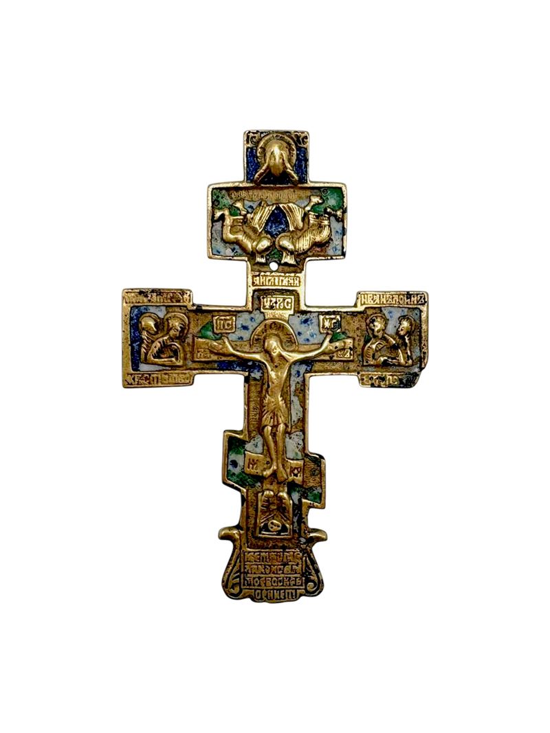 Croce pettorale raffigurante la Crocifissione, fusione in bronzo e smalti policromi, XIX secolo