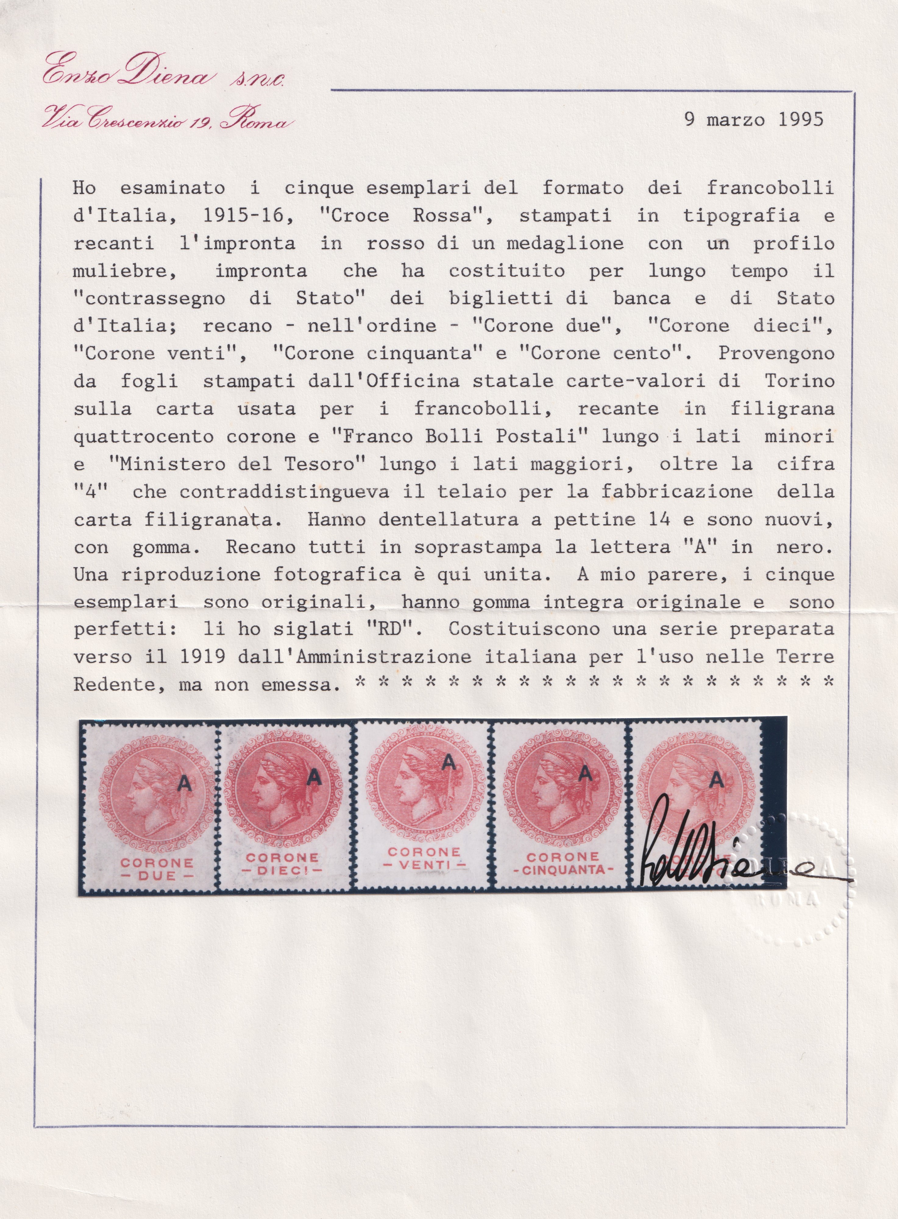 Croce Rossa (serie per le), Terre Redente—Non emessi, certificati Diena