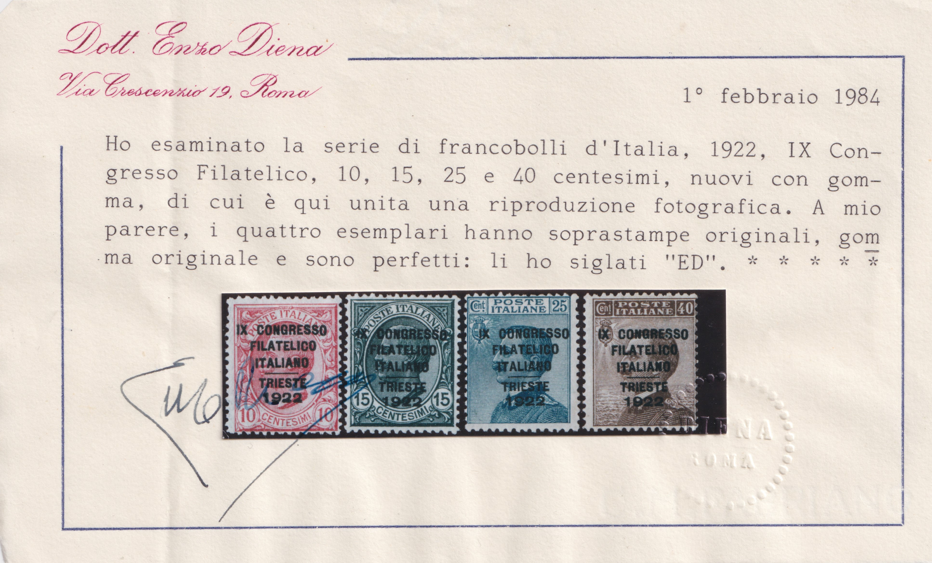 Certificato Diena, Regno – Congresso Filatelico, serie nuova con gomma originale