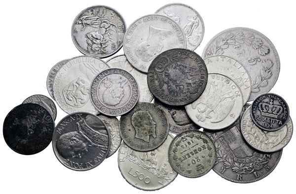 LOTTO MULTIPLO DI MONETE VARIE ITALIANE ED ESTERE IN AG. ANNI, TITOLI E PESI VARI. PESO TOTALE 201 GR CIRCA.