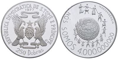 Sao Tome' e Principe. 250 Dobras 1977 "indipendenza". Ag. 17,4gr. Km 35. Fdc