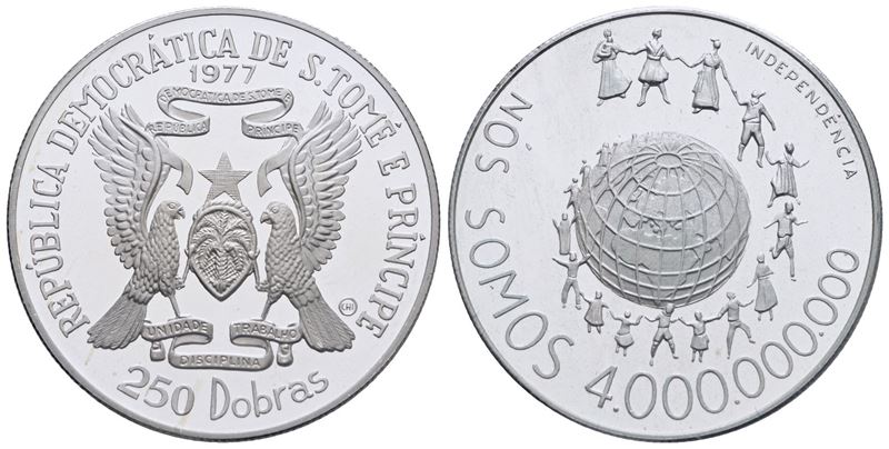 Sao Tome' e Principe. 250 Dobras 1977 "indipendenza". Ag. 17,4gr. Km 35. Fdc