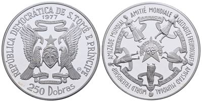 Sao Tome' e Principe. 250 Dobras 1977 "indipendenza". Ag. 17,4gr. Km 32. Fdc. in Astuccio Celeste...