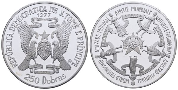 SAO TOME' E PRINCIPE. 250 Dobras 1977 "Indipendenza". Ag. 17,4gr. KM 32. FDC. In astuccio celeste originale.