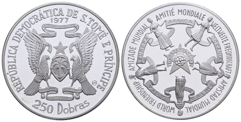 Sao Tome' e Principe. 250 Dobras 1977 "indipendenza". Ag. 17,4gr. Km 32. Fdc. in Astuccio Celeste...