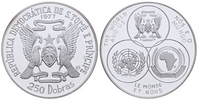 Sao Tome' e Principe. 250 Dobras 1977 "indipendenza - Onu". Ag. 17,4gr. Km 34. in Astuccio Celest...