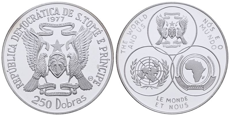Sao Tome' e Principe. 250 Dobras 1977 "indipendenza - Onu". Ag. 17,4gr. Km 34. in Astuccio Celest...