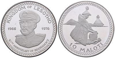 Lesotho. 10 Maloti 1976 "decennale Dell'indipendenza". Ag. 25gr. Km 13. in Astuccio Blu Originale...