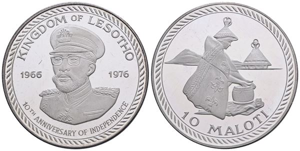 LESOTHO. 10 Maloti 1976 "decennale dell'indipendenza". Ag. 25gr. KM 13.   In astuccio blu originale.