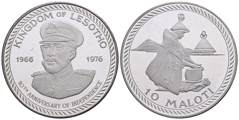Lesotho. 10 Maloti 1976 "decennale Dell'indipendenza". Ag. 25gr. Km 13. in Astuccio Blu Originale...
