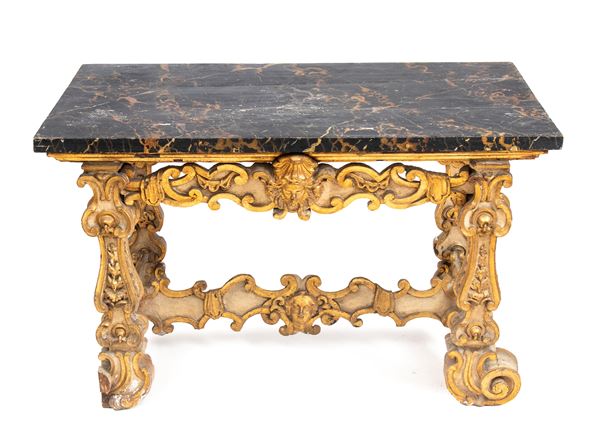 Luigi XV-style carved console table in lacquered and gilded wood