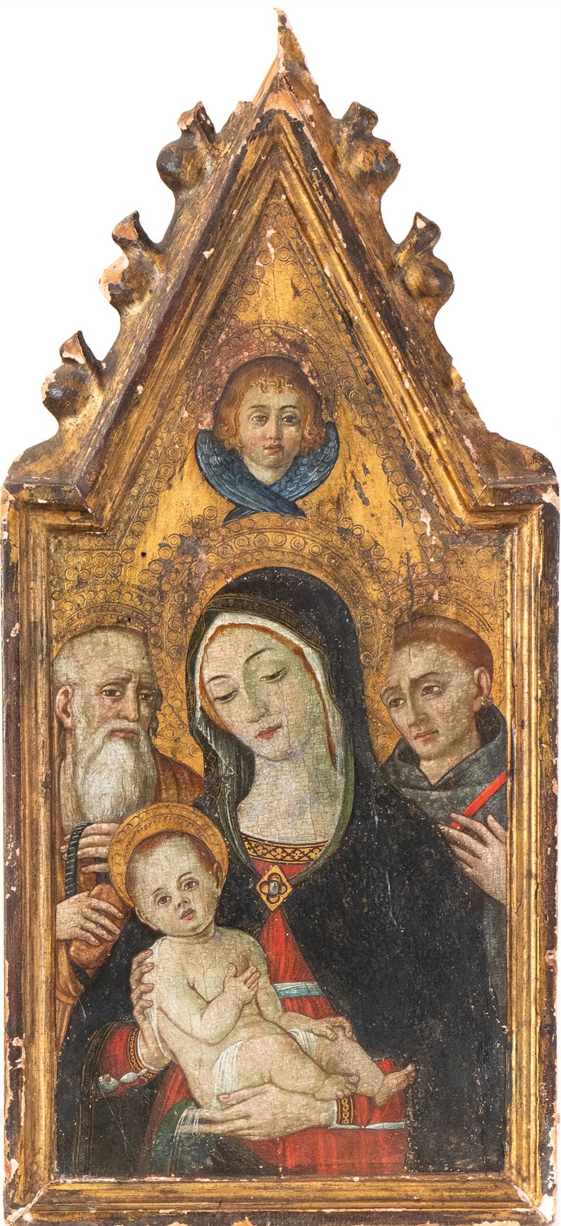 Pittura Toscana, XV Secolo - Anonimo, Madonna con Bambino e Santi, tempera su tavola sagomata