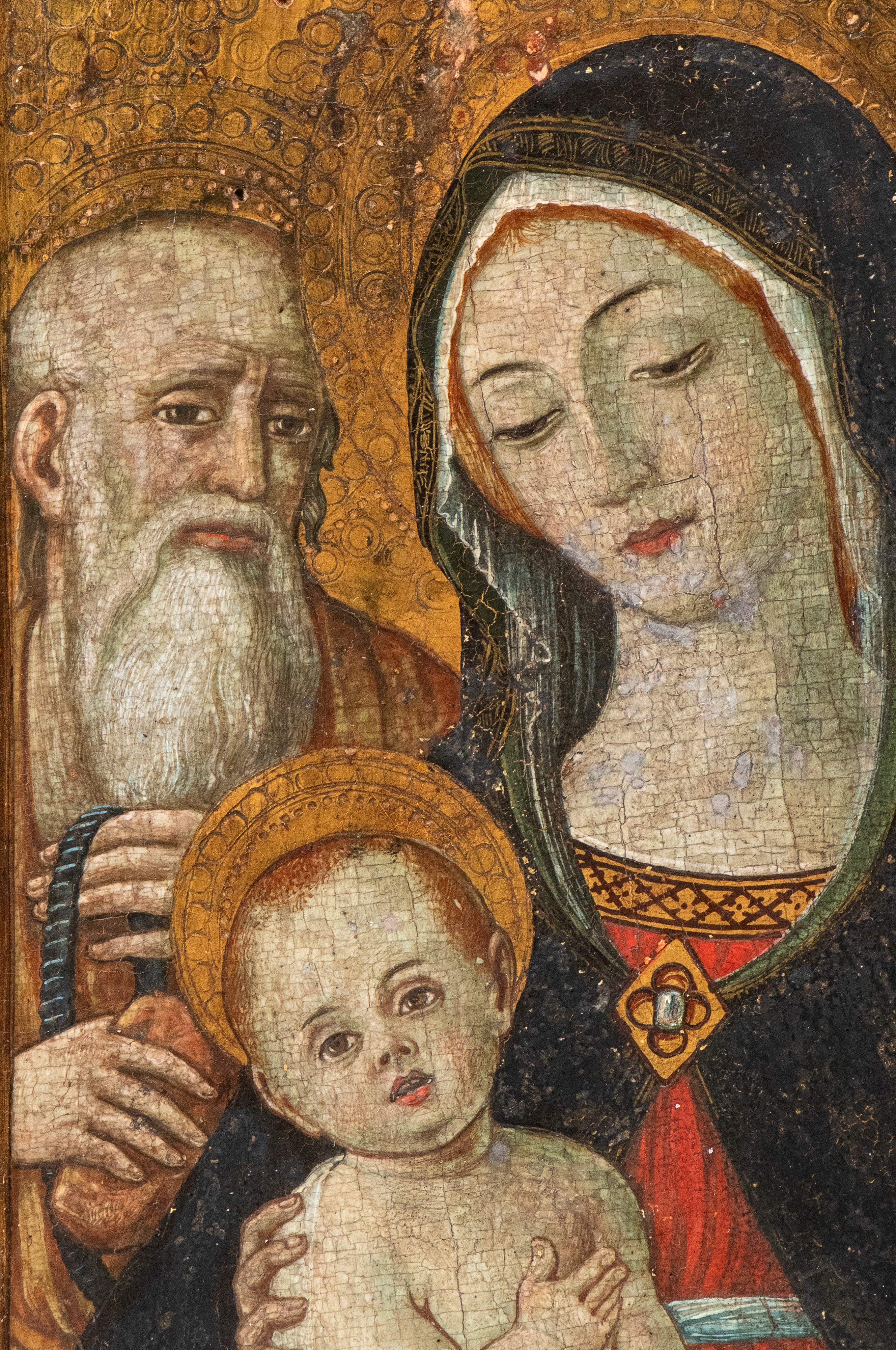 Pittura Toscana, XV Secolo - Anonimo, Madonna con Bambino e Santi, tempera su tavola sagomata