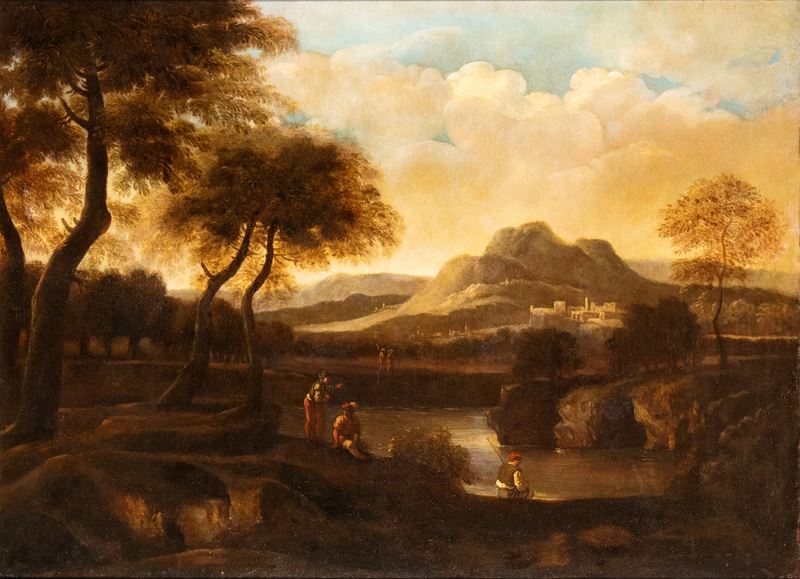 Paesaggio fluviale con figure e cittadella sullo sfondo