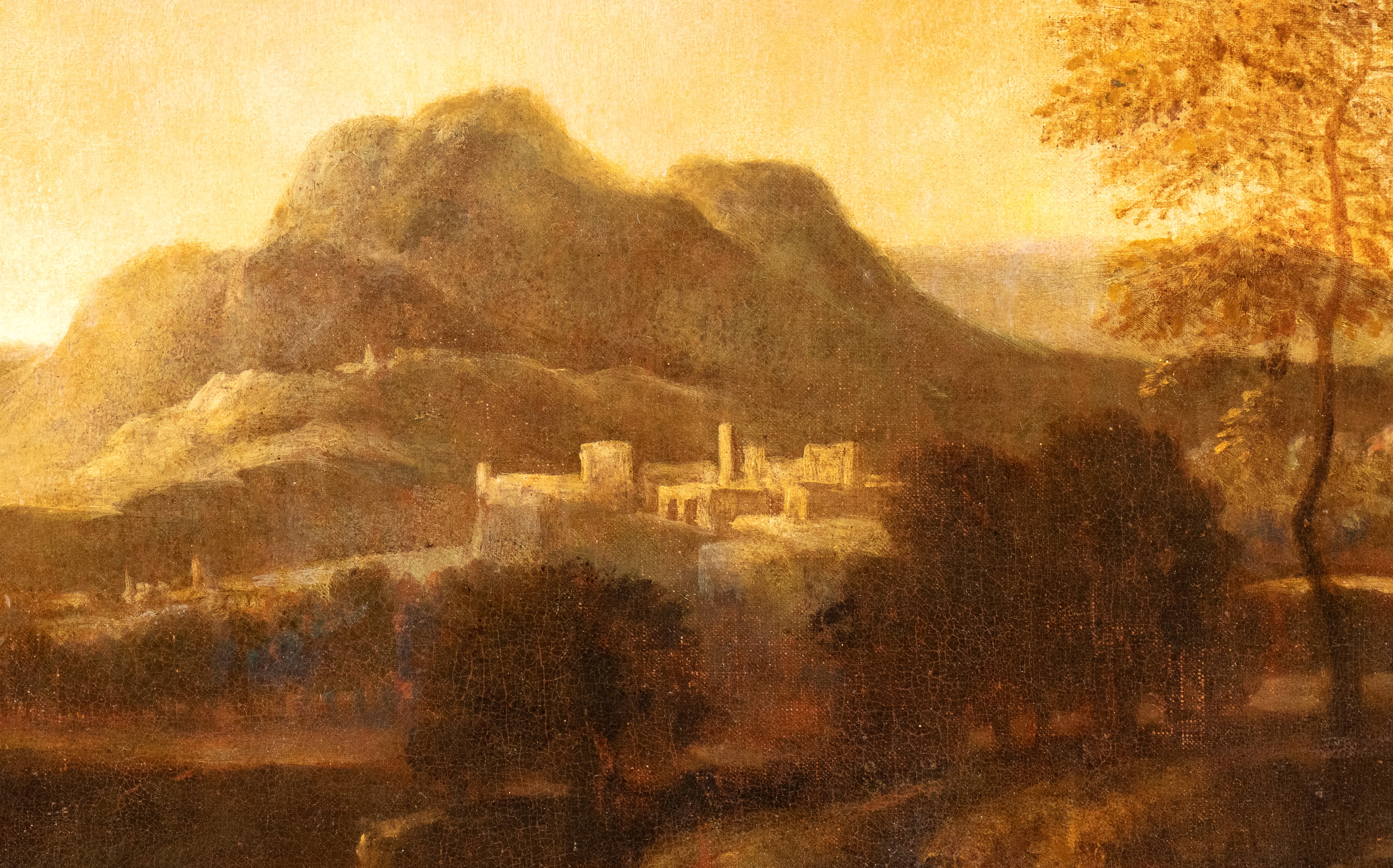Paesaggio fluviale con figure e cittadella sullo sfondo