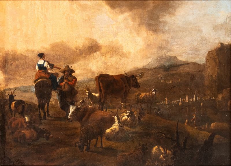 Paesaggio con zampognaro, pastorella a cavallo, armenti e borgo sullo sfondo