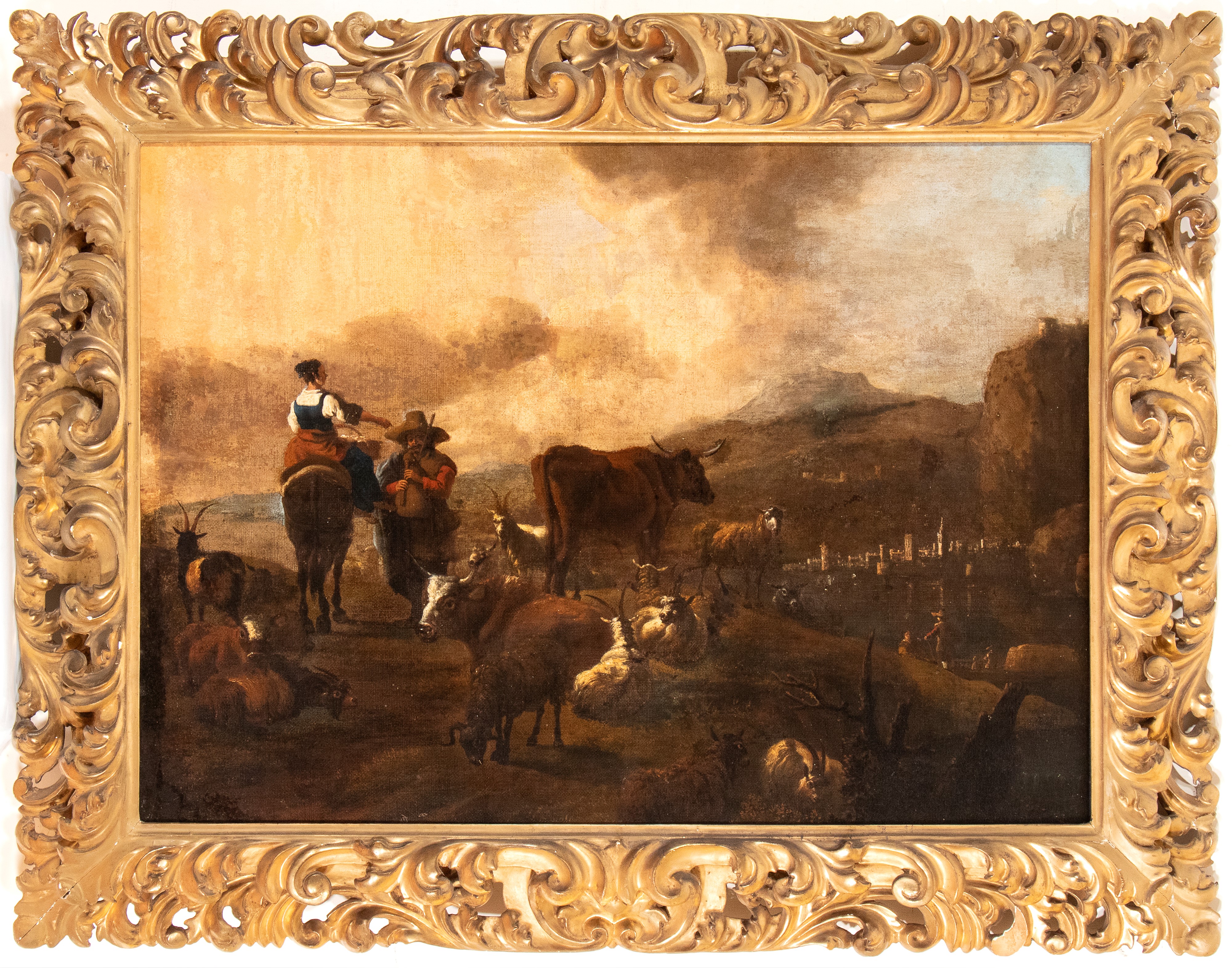 Paesaggio con zampognaro, pastorella a cavallo, armenti e borgo sullo sfondo