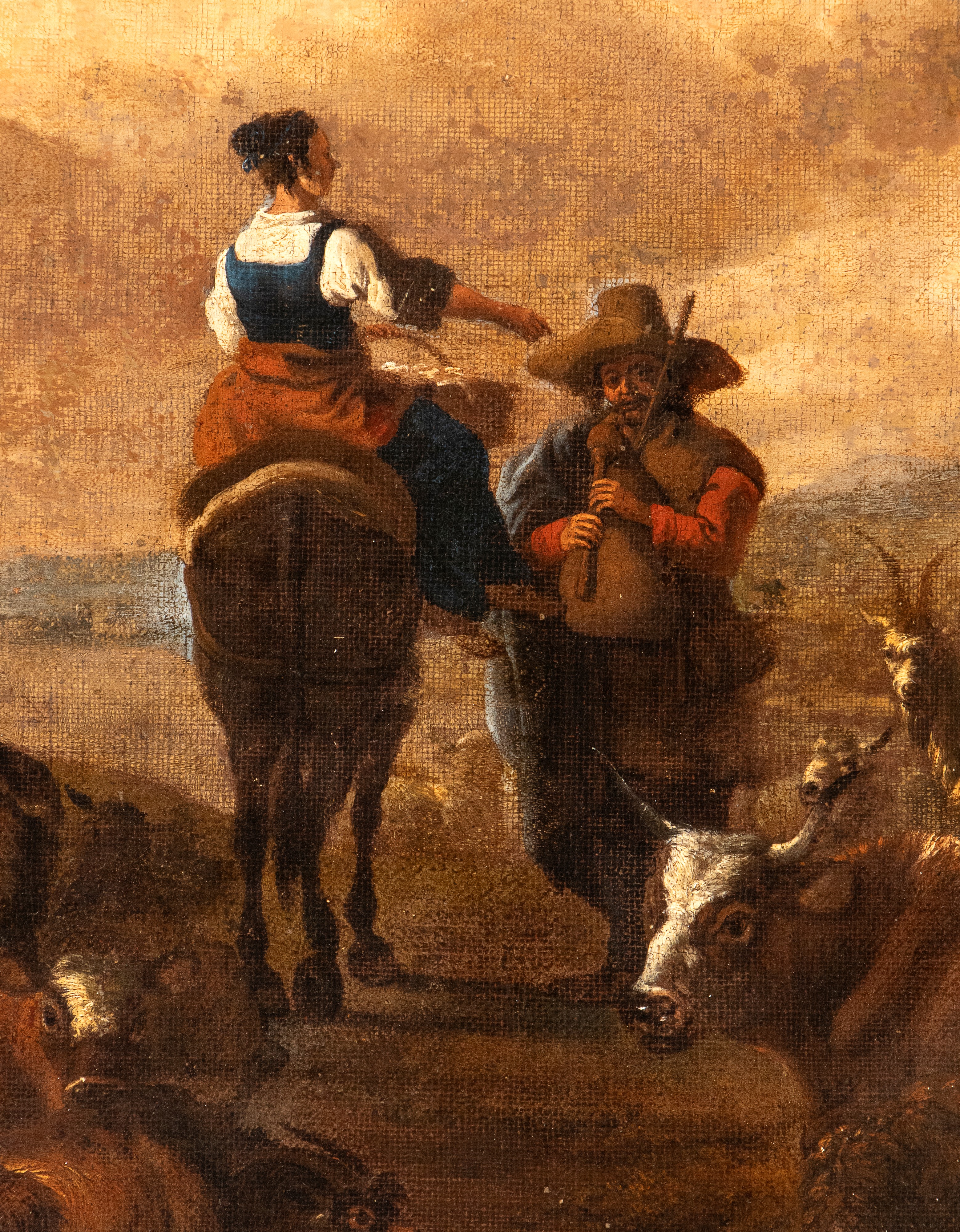 Paesaggio con zampognaro, pastorella a cavallo, armenti e borgo sullo sfondo