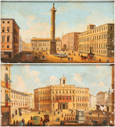 Vedute di piazza Colonna e di Montecitorio, due dipinti su pergamena in tempera