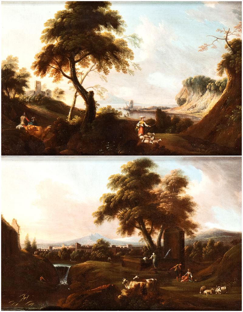 a) Paesaggio costiero con figure, armenti e torretta; b) Paesaggio con fontanile, corso d'acqua, ...