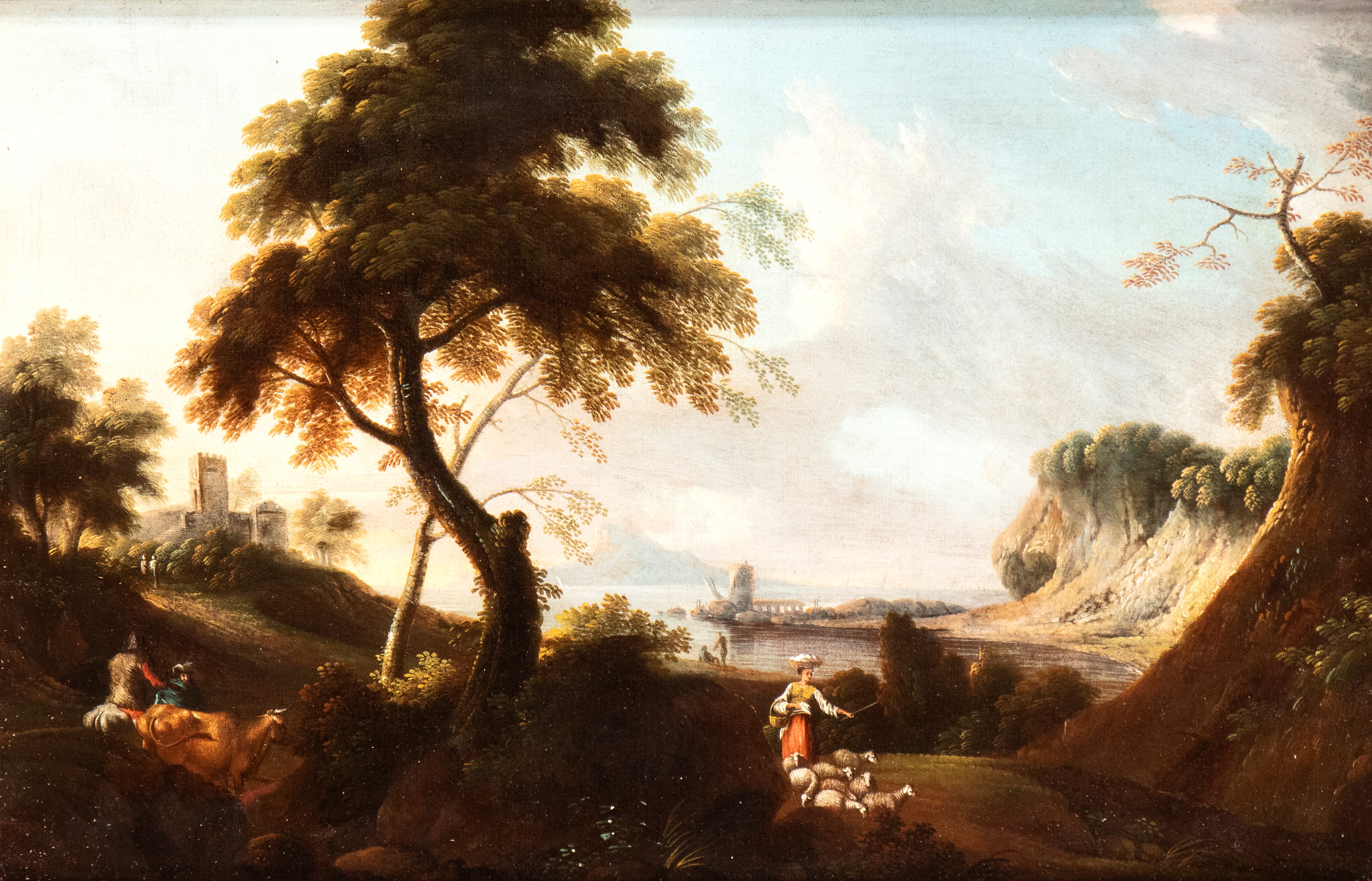 a) Paesaggio costiero con figure, armenti e torretta; b) Paesaggio con fontanile, corso d'acqua, ...