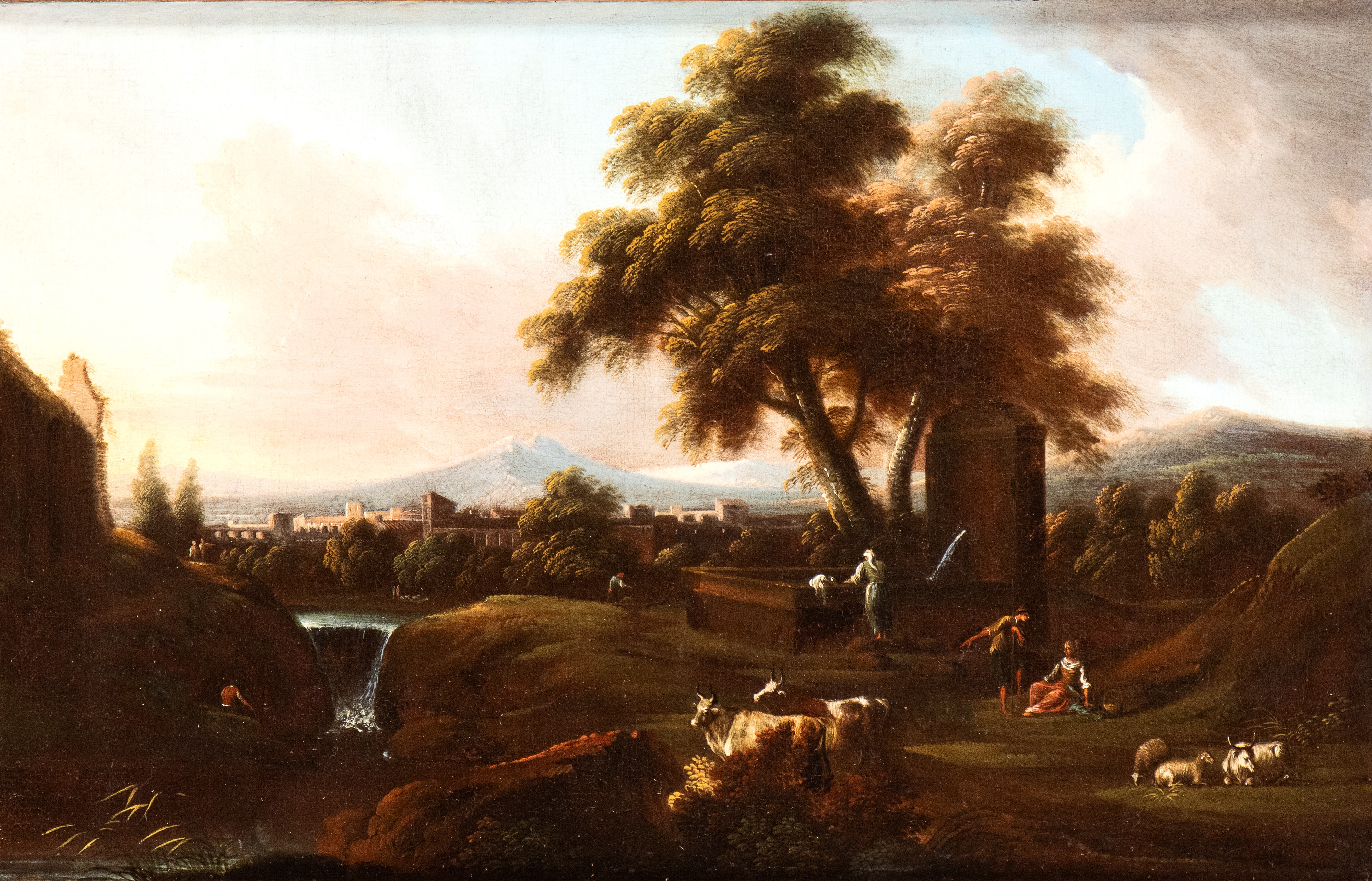 a) Paesaggio costiero con figure, armenti e torretta; b) Paesaggio con fontanile, corso d'acqua, ...