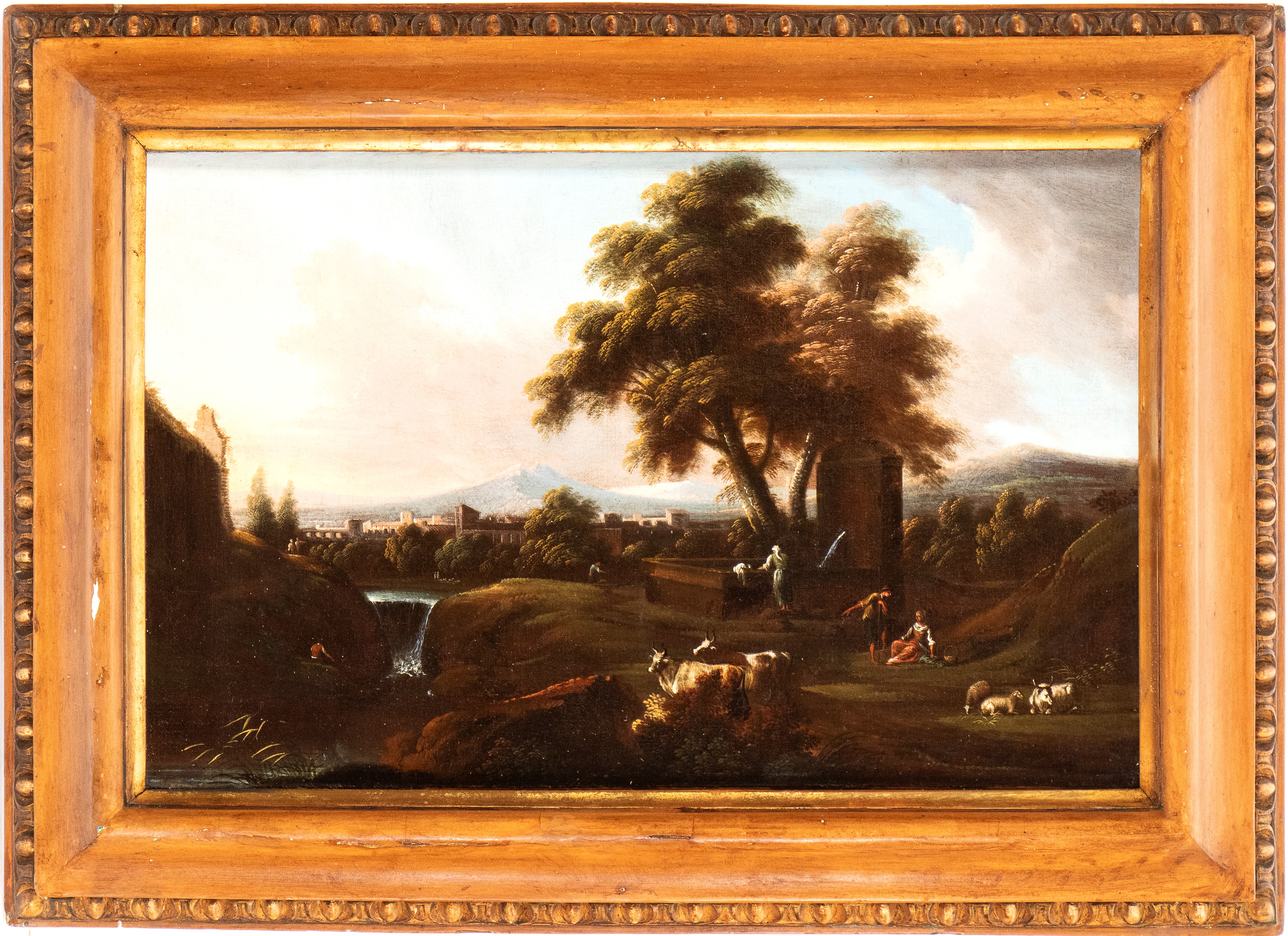 a) Paesaggio costiero con figure, armenti e torretta; b) Paesaggio con fontanile, corso d'acqua, ...
