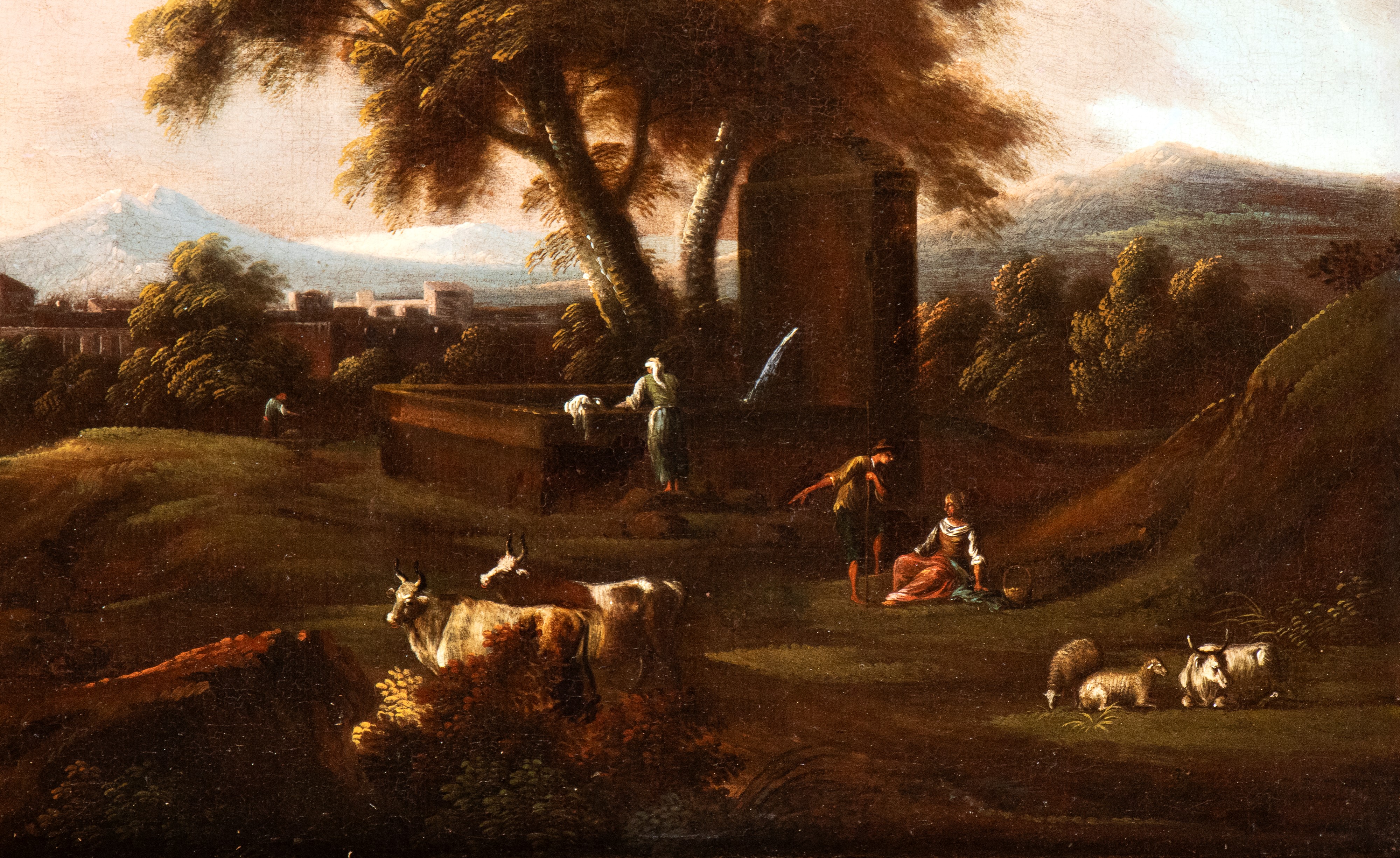 a) Paesaggio costiero con figure, armenti e torretta; b) Paesaggio con fontanile, corso d'acqua, ...