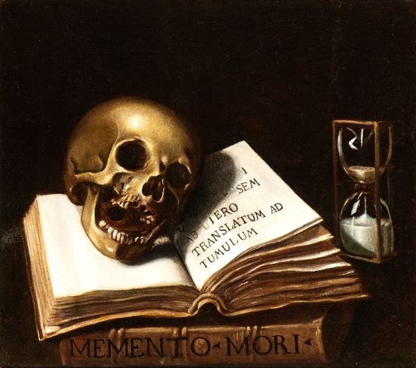 Artista italiano, XVII secolo - Vanitas with skull, books, and hourglass