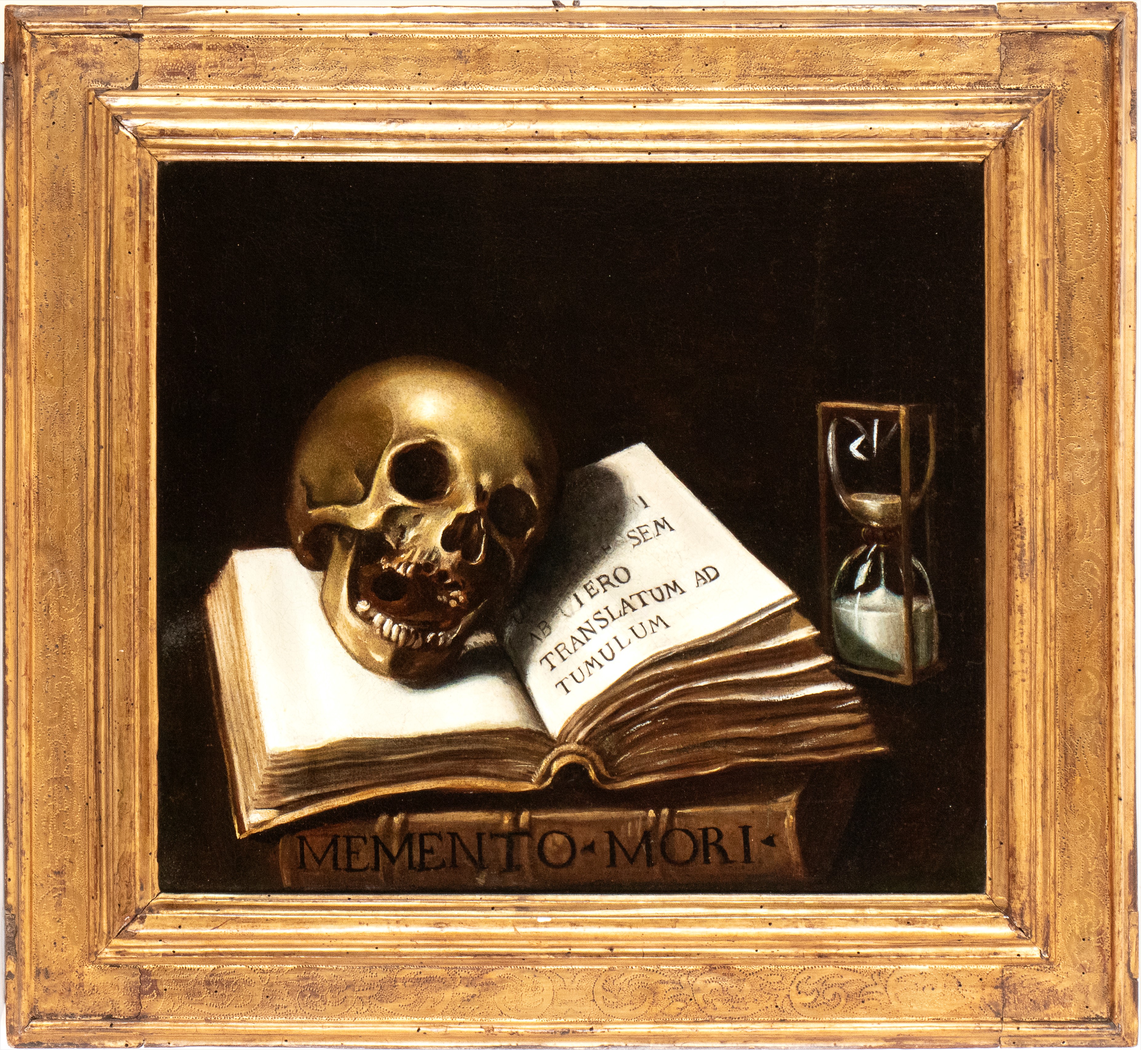 Vanitas con teschio, libri e clessidra