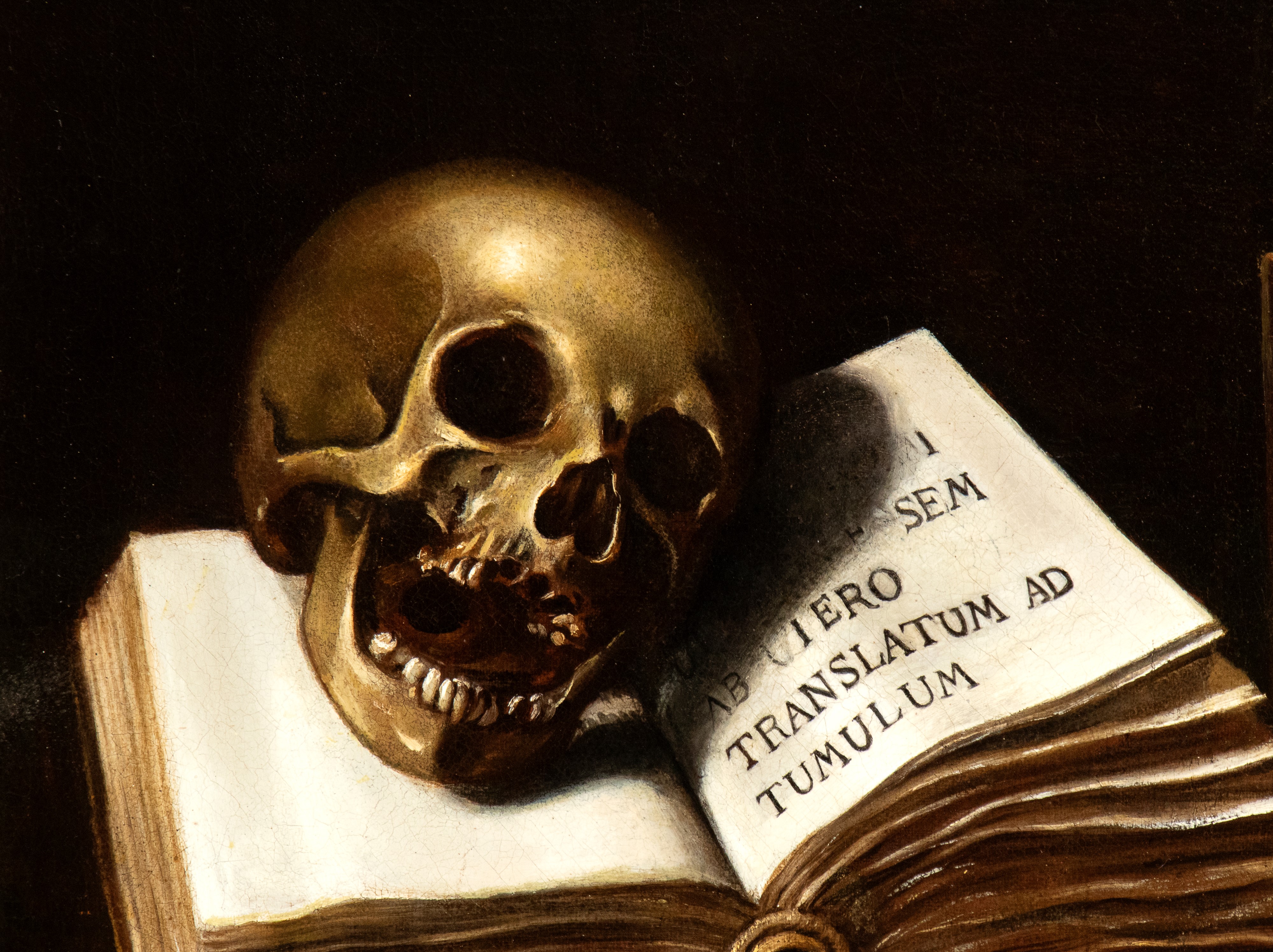 Vanitas con teschio, libri e clessidra
