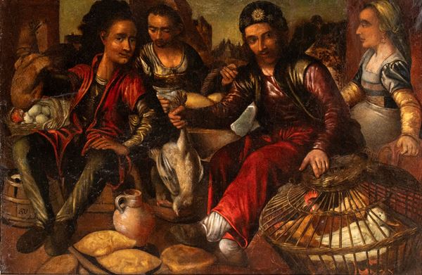 Market scene with sellers of poultry, eggs, and bread