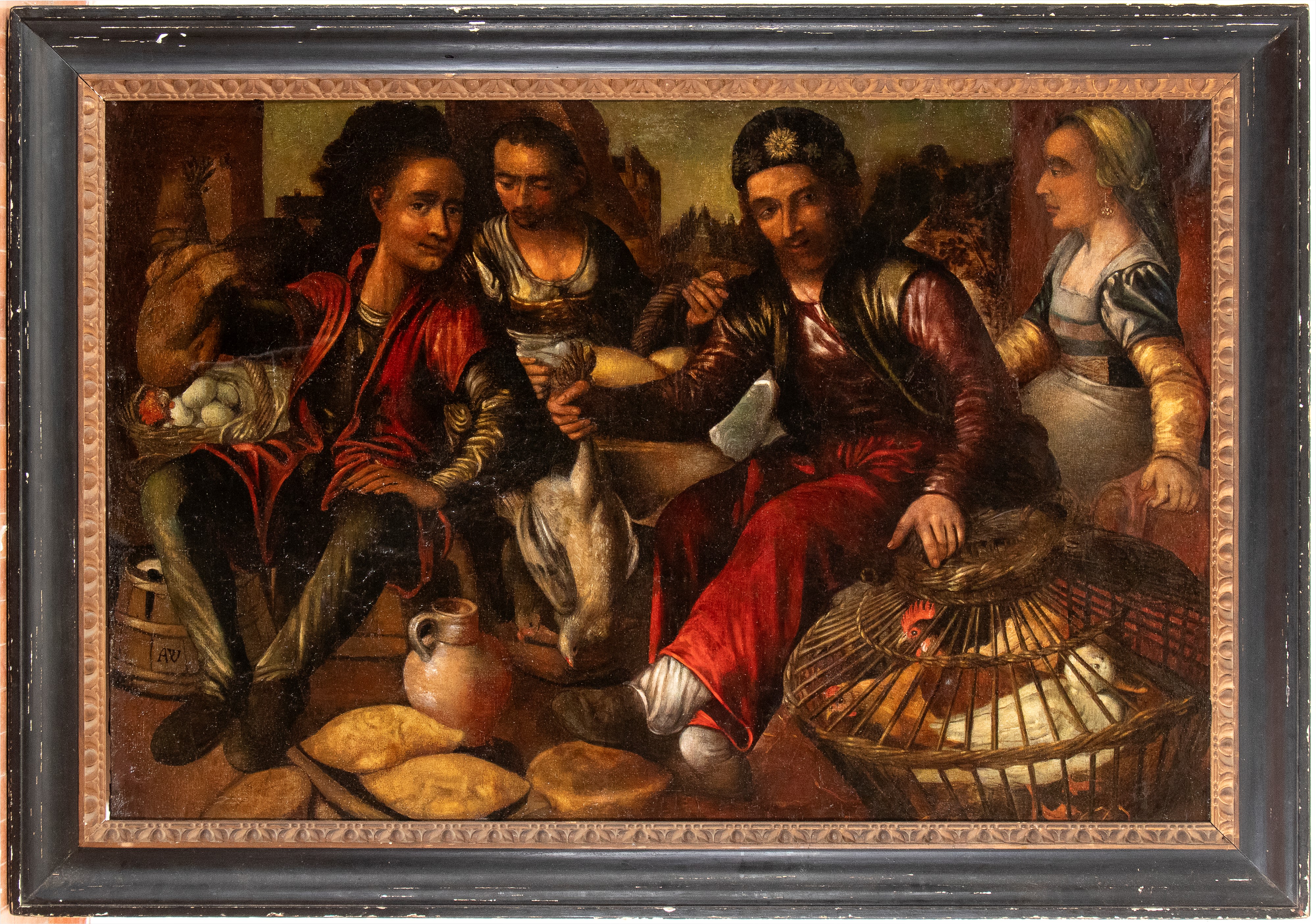 Scena di mercato con venditori di volatili, uova e pane
