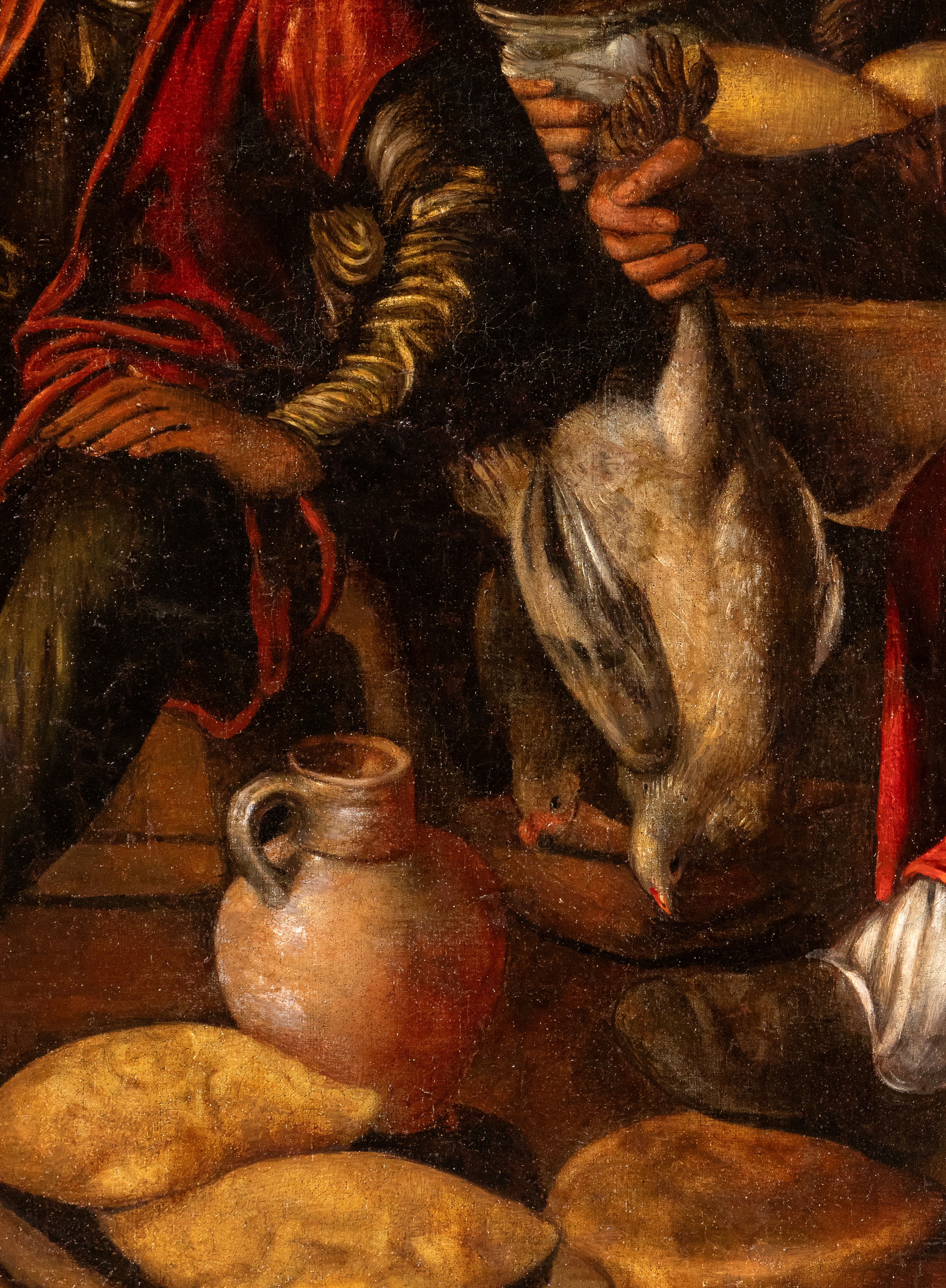 Scena di mercato con venditori di volatili, uova e pane