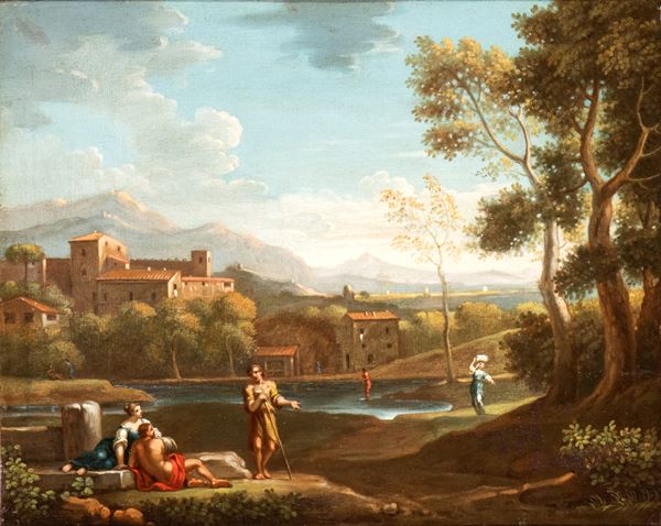 Paesaggio con figure, specchio d'acqua e cittadina sullo sfondo