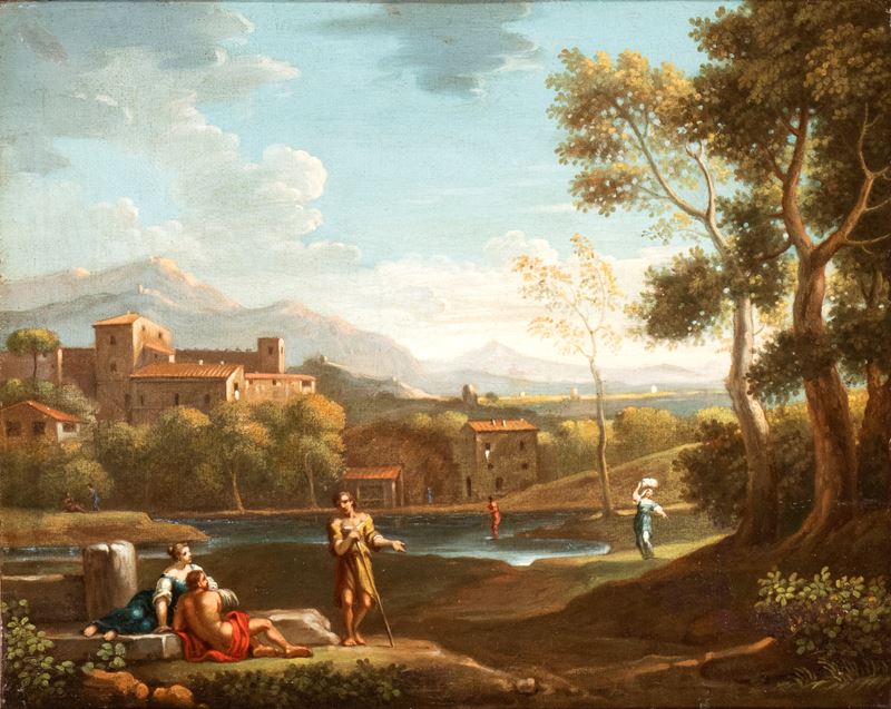 Paesaggio con figure, specchio d'acqua e cittadina sullo sfondo