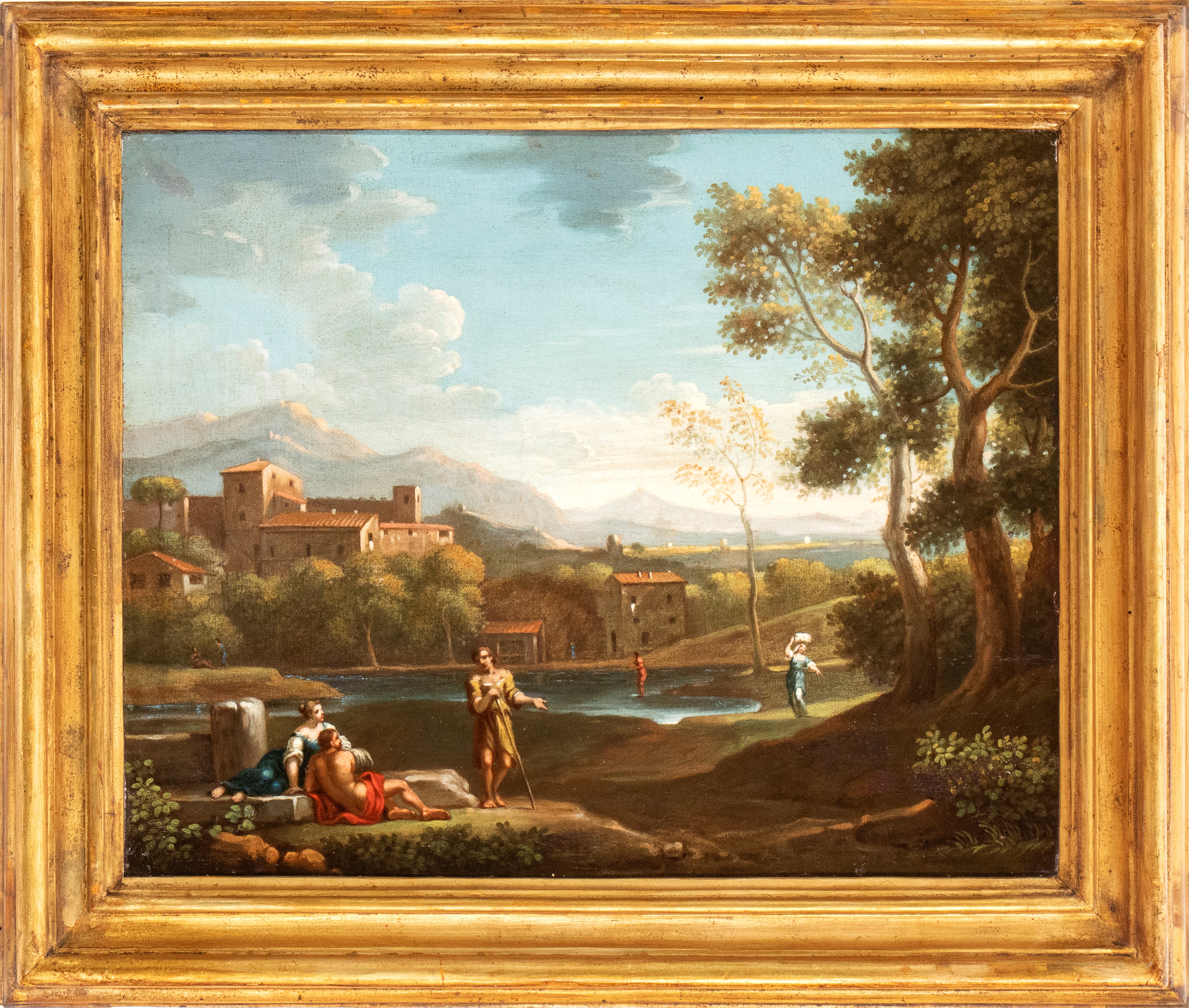 Paesaggio con figure, specchio d'acqua e cittadina sullo sfondo