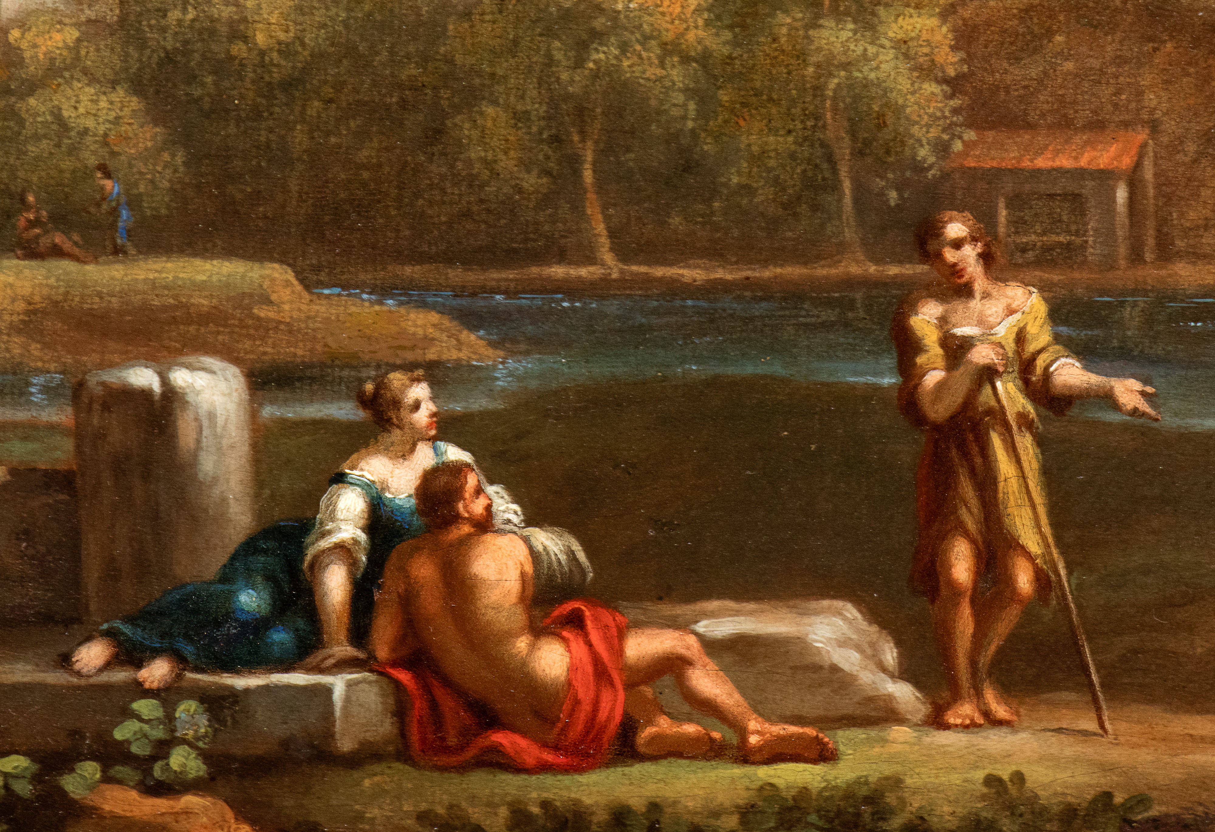 Paesaggio con figure, specchio d'acqua e cittadina sullo sfondo