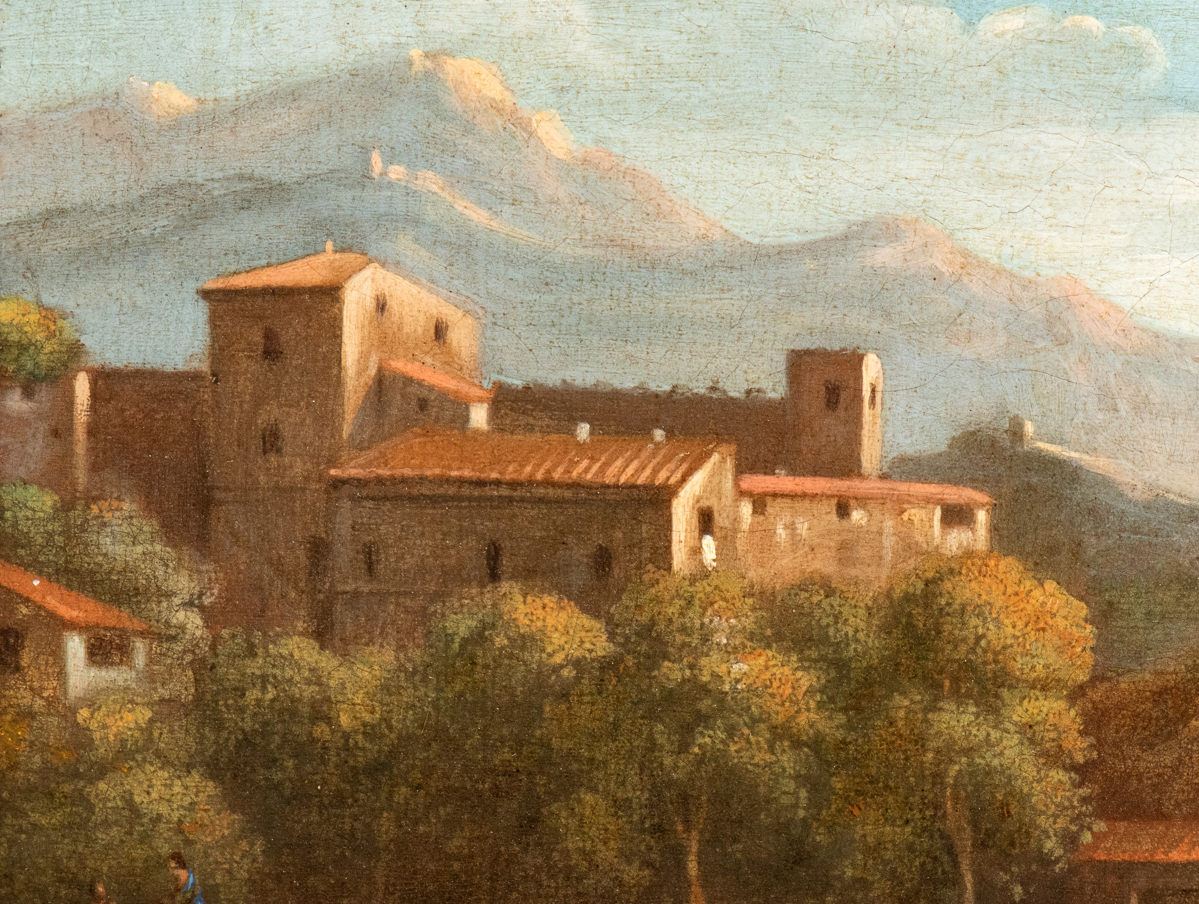 Paesaggio con figure, specchio d'acqua e cittadina sullo sfondo