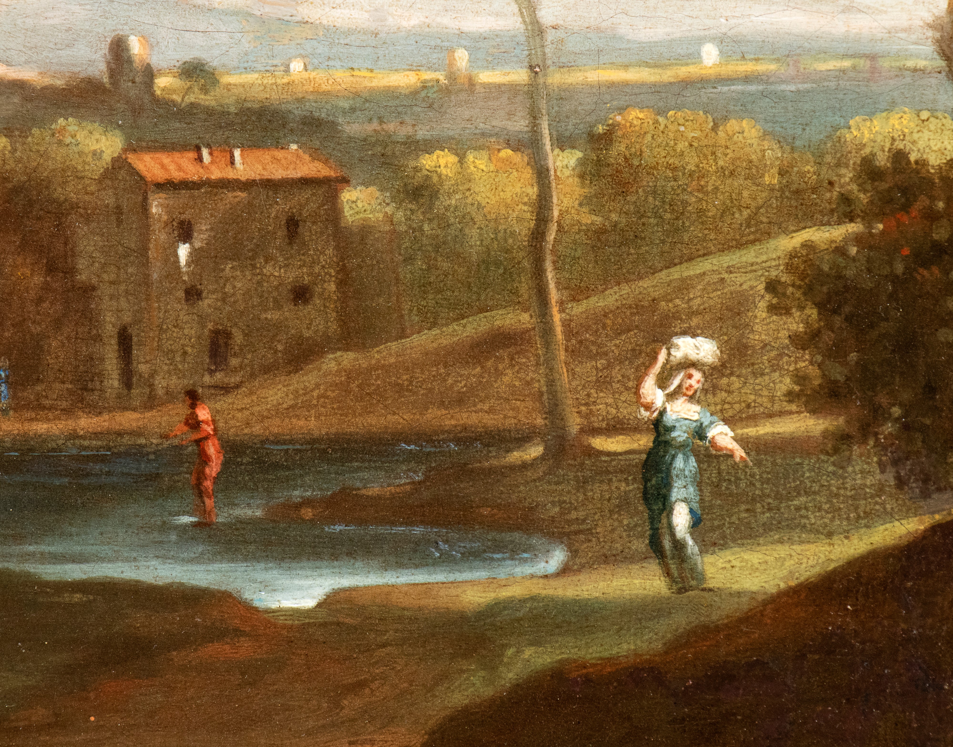 Paesaggio con figure, specchio d'acqua e cittadina sullo sfondo
