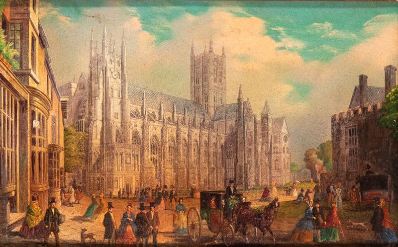 Artista Inglese, XIX Secolo - La cattedrale di Canterbury vista da sud-ovest, olio su rame con co...