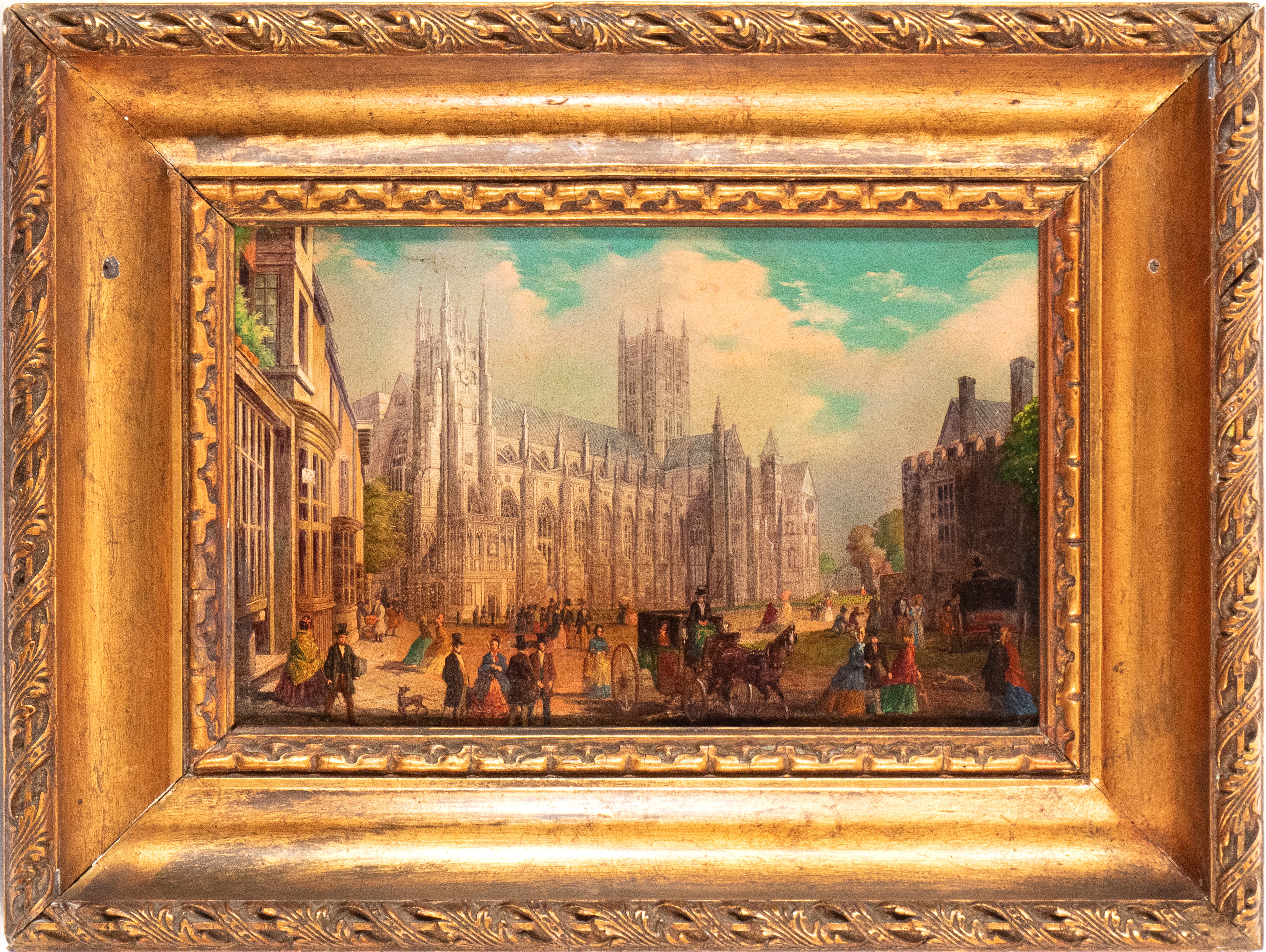 Artista Inglese, XIX Secolo - La cattedrale di Canterbury vista da sud-ovest, olio su rame con co...