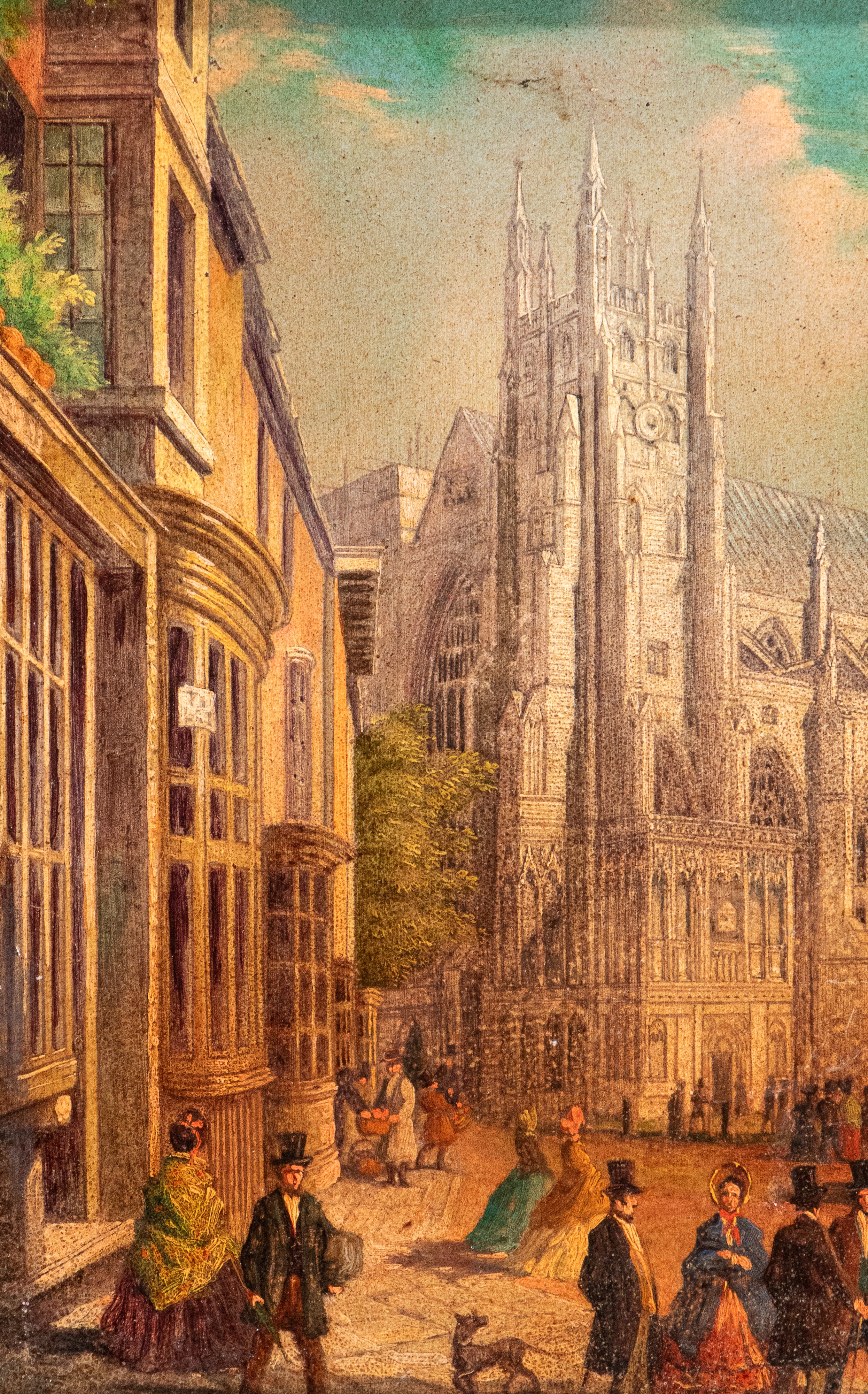 Artista Inglese, XIX Secolo - La cattedrale di Canterbury vista da sud-ovest, olio su rame con co...