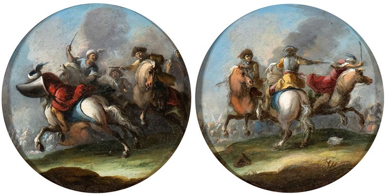 a) Scontro a cavallo tra due turchi e un cristiano; b) Scontro a cavallo tra due cristiani e un t...