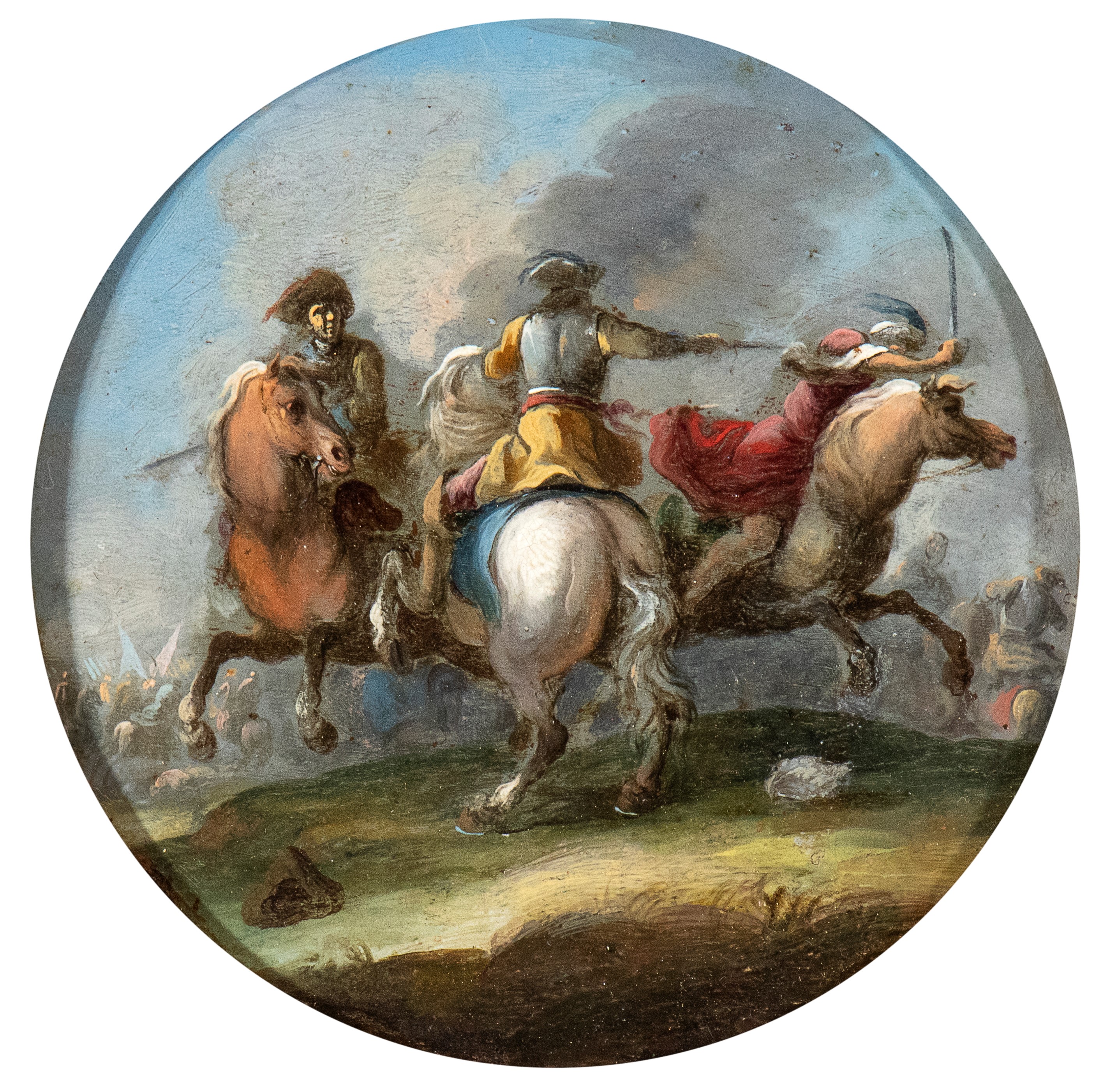 a) Scontro a cavallo tra due turchi e un cristiano; b) Scontro a cavallo tra due cristiani e un t...