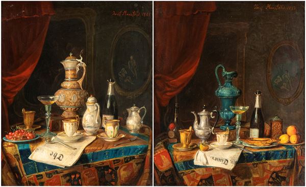 a) Natura morta con giornale, vetri antichi e porcellane; b) Natura morta con brocca in maiolica blu, bottiglia di champagne, tazza da tè, limone e giornale. Coppia di dipinti