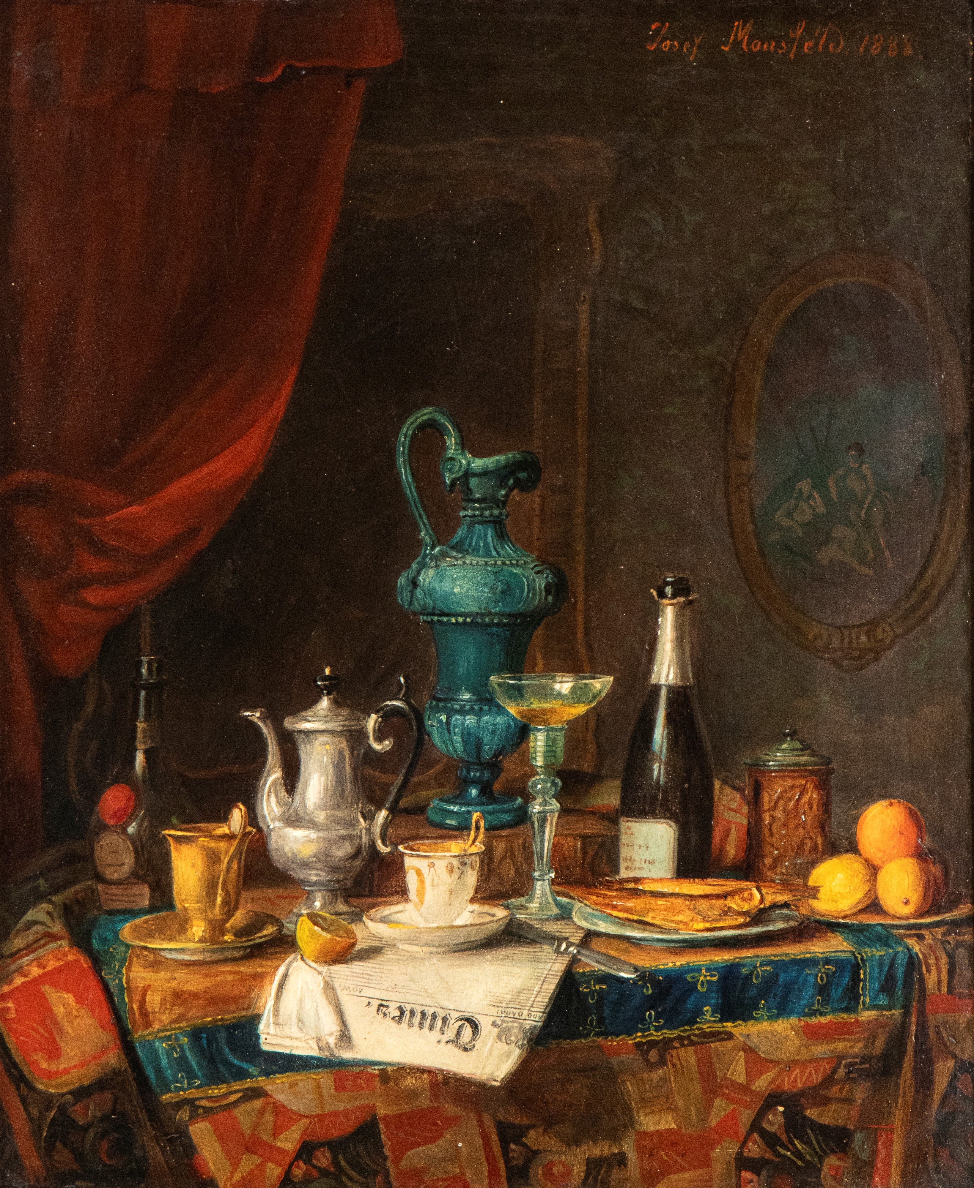 Joseph Mansfield - A) Natura Morta con Giornale, Vetri Antichi e Porcellane; B) Natura Morta con ...