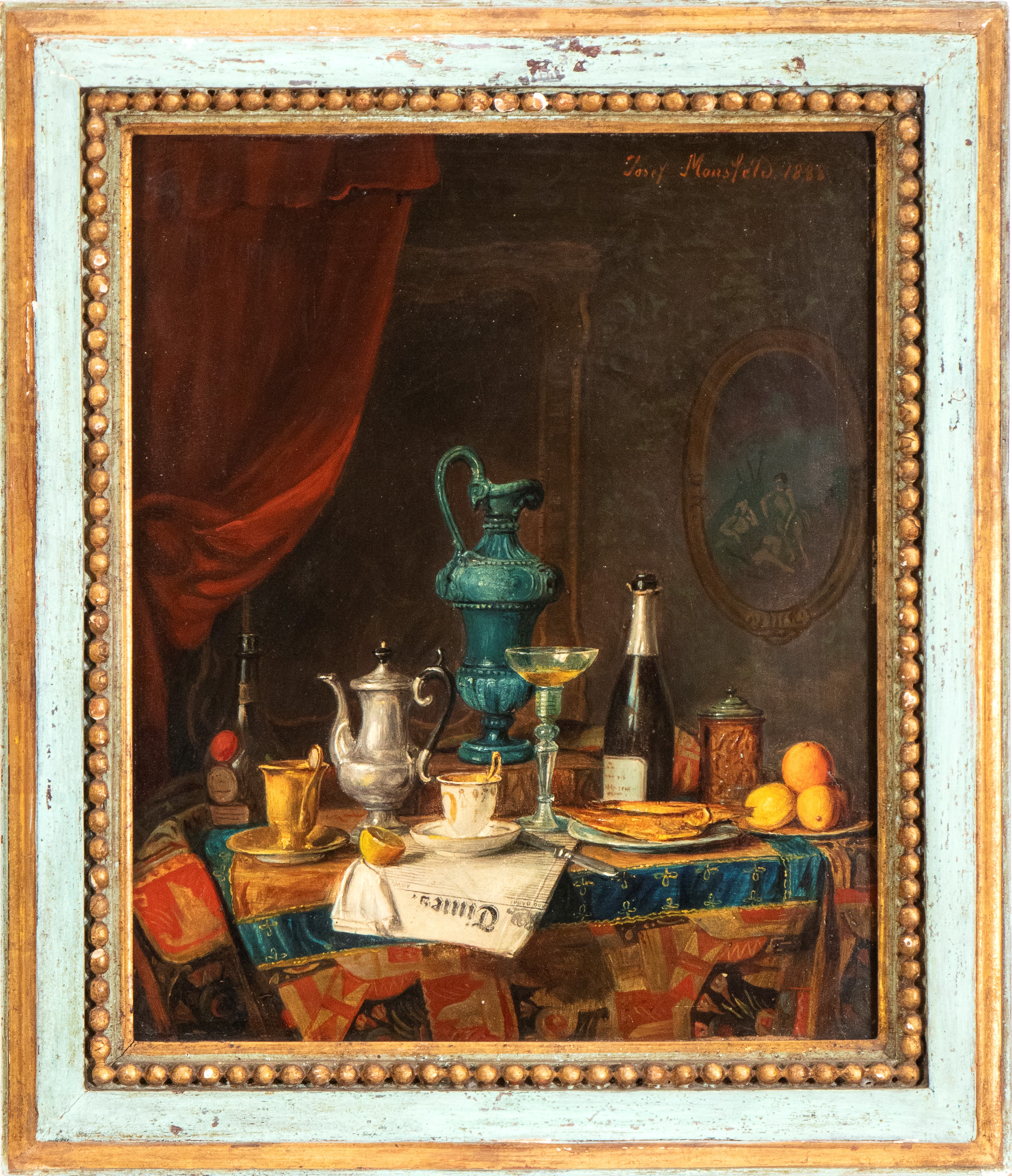 Joseph Mansfield - A) Natura Morta con Giornale, Vetri Antichi e Porcellane; B) Natura Morta con ...