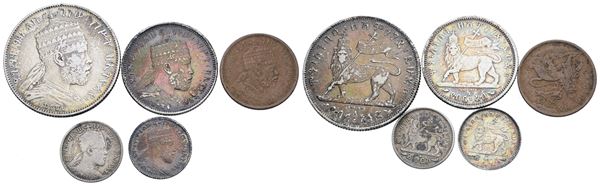 ETIOPIA. Menelik II (1889-1813). Lotto di 5 monete, si segnala un 1/2 birr e 1/4 di birr. Nominali, metalli e conservazioni varie. 